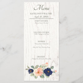 Rustikale Hochzeit der Navy in Blau und Peach Flor Menükarte