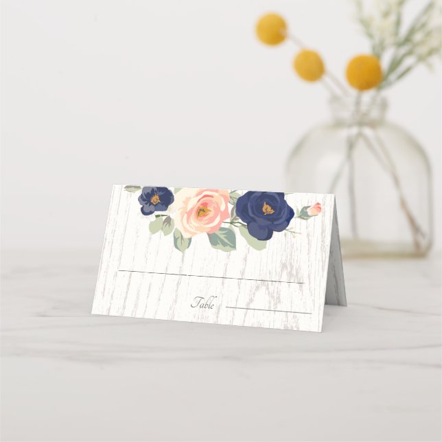 Rustikale Hochzeit der Navy in Blau und Peach Flor Platzkarte (Vorderseite)