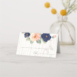 Rustikale Hochzeit der Navy in Blau und Peach Flor Platzkarte