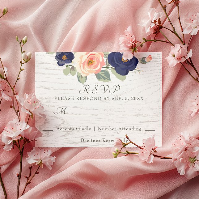 Rustikale Hochzeit der Navy in Blau und Peach Flor RSVP Karte (Von Creator hochgeladen)