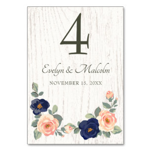 Rustikale Hochzeit der Navy in Blau und Peach Flor Tischnummer