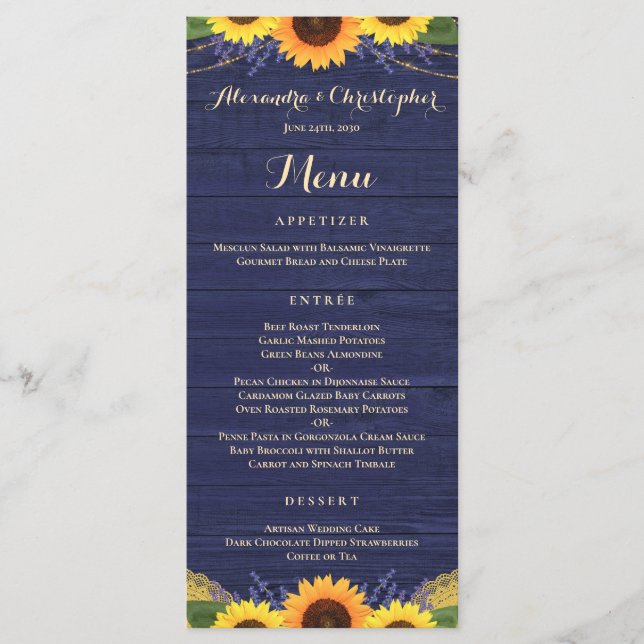 Rustikale Hochzeit der Navy Wood Lights Sonnenblum Menükarte (Vorderseite)