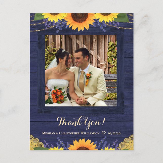 Rustikale Hochzeit der Navy Wood Sunflower Danke F Postkarte (Vorderseite)