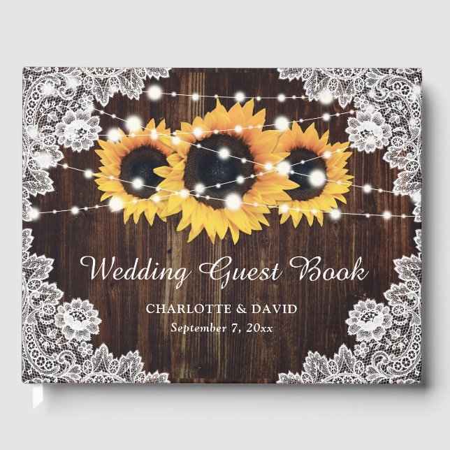 Rustikale Hochzeit der Sonnenblumen aus Holz Gästebuch (Vorderseite)