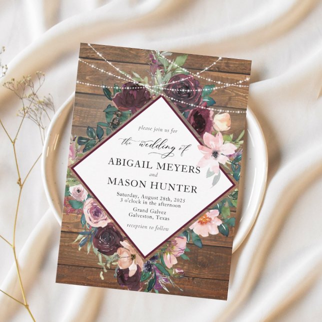 Rustikale Hochzeit der Wasserfarben in Burgund Einladung (Von Creator hochgeladen)