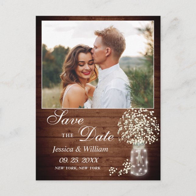 Rustikale Hochzeit des Babys retten das Datum Postkarte (Vorderseite)