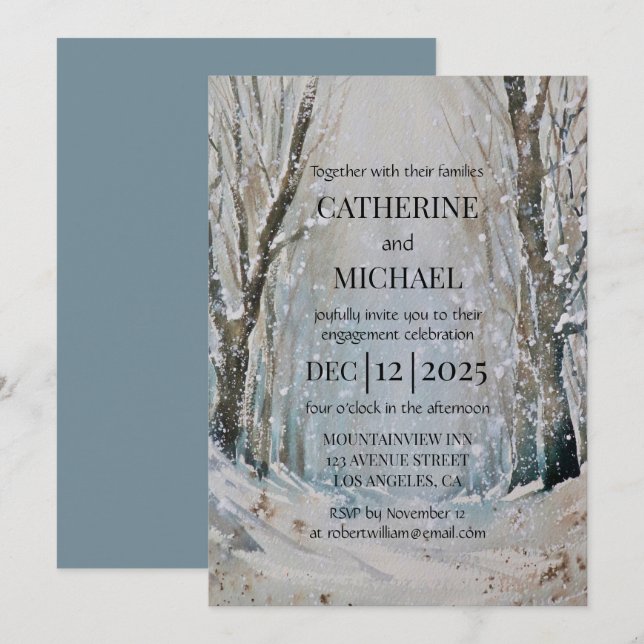 Rustikale Hochzeit des blauen Winterwaldes Einladung (Vorne/Hinten)