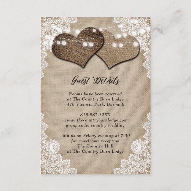 Rustikale Hochzeit des Country Burlap Floral Lace Begleitkarte (Vorderseite)