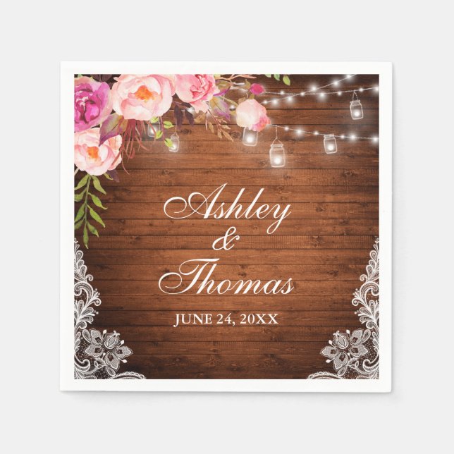 Rustikale Hochzeit Holz Jar Lights Pink Floral Lac Serviette (Vorderseite)