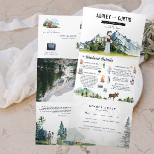 Rustikale Hochzeit im Gebirge - Faltkarte mit drei Dreifach Gefaltete Einladung