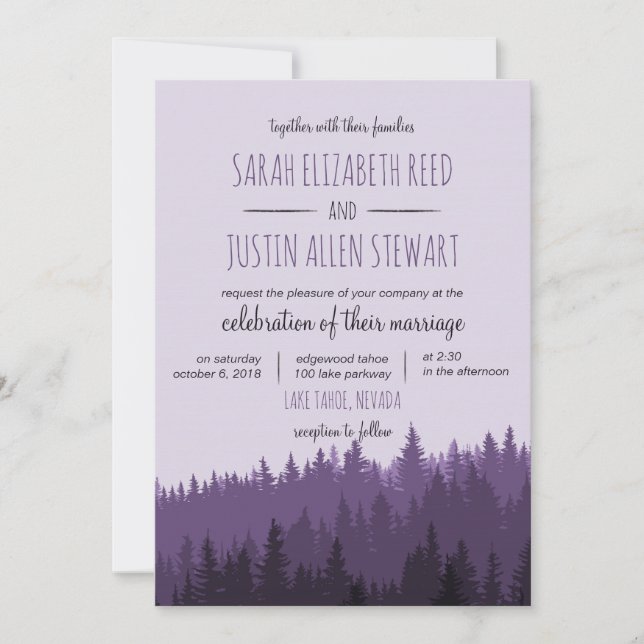 Rustikale Hochzeit im Gebirge im lila Einladung (Vorderseite)