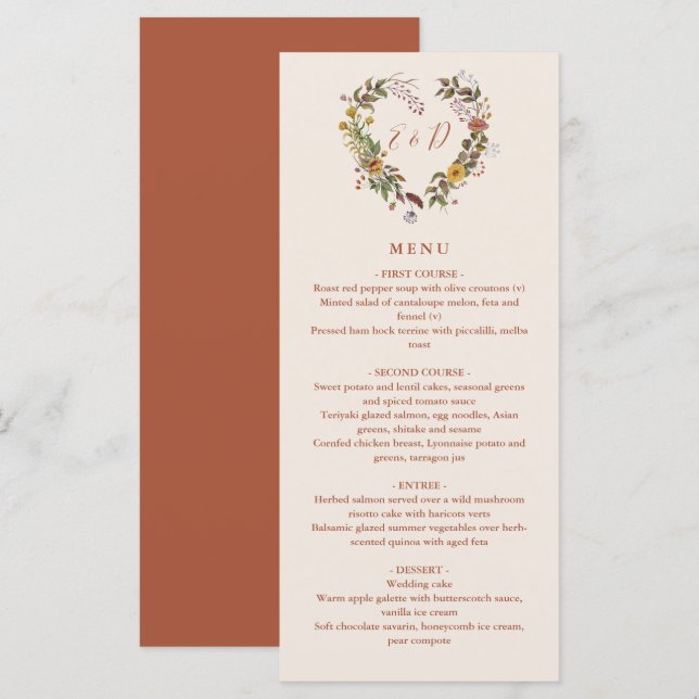 Rustikale Hochzeit im Herbst Herbst Abendessen Menükarte (Vorne/Hinten)
