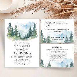 Rustikale Hochzeit im Wald mit Kiefern im Gebirge Einladung