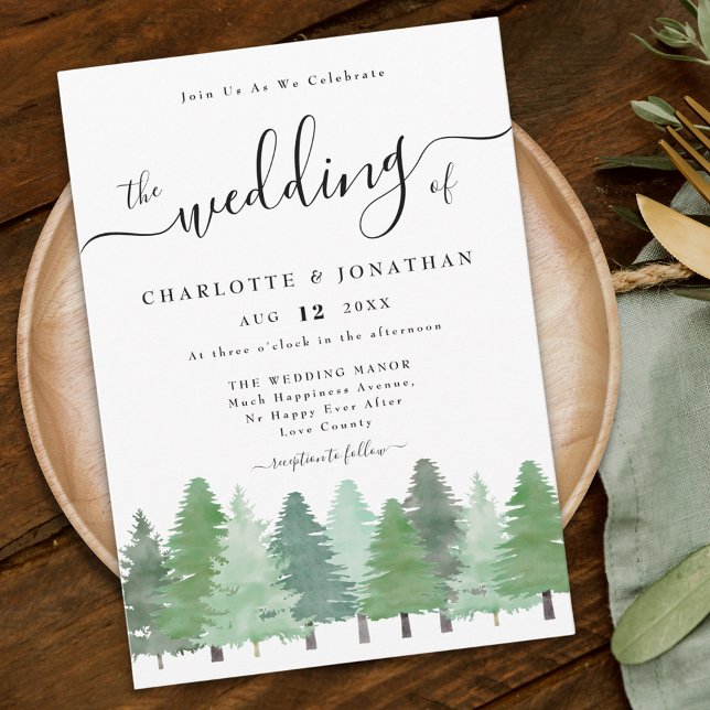 Rustikale Hochzeit im Wald von Watercolor Einladung (Modern watercolor woodland forest wedding invitation elegant script)