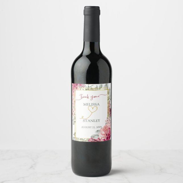 Rustikale Hochzeit in Burgund Marsala und Rosa Weinetikett (Vorderseite)