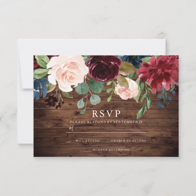 Rustikale Hochzeit in Burgund Rot und Blush RSVP Karte (Vorderseite)