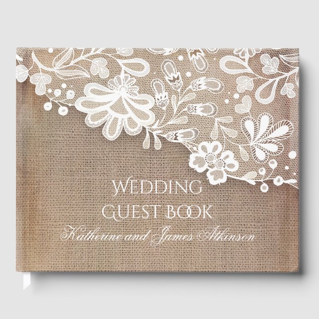 Rustikale Hochzeit in Lace und Burlap Gästebuch (Vorderseite)
