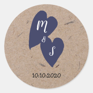 Rustikale Hochzeit   Kraft Paper Monogram Navy Hea Runder Aufkleber