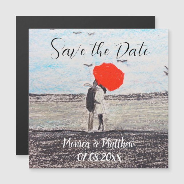 Rustikale Hochzeit Liebe Couple Red Umbrella Magnetkarte (Vorne/Hinten)