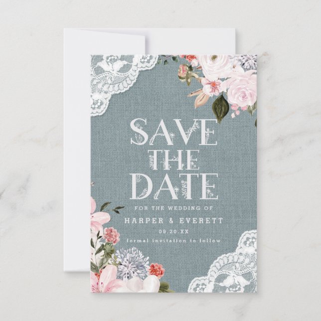 Rustikale Hochzeit mit blauem Burlap Lace und Blum Save The Date (Vorderseite)