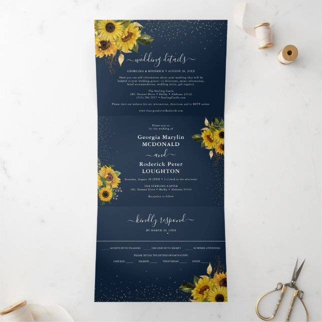 Rustikale Hochzeit mit blauen Sonnenblumen Dreifach Gefaltete Einladung (Innenseite)