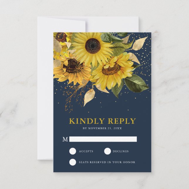 Rustikale Hochzeit mit blauen Sonnenblumen RSVP Karte (Vorderseite)