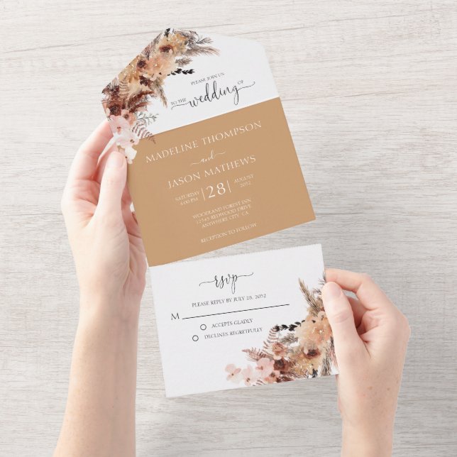 Rustikale Hochzeit mit Bohemischem Blumenwasser All In One Einladung (Abreißen)