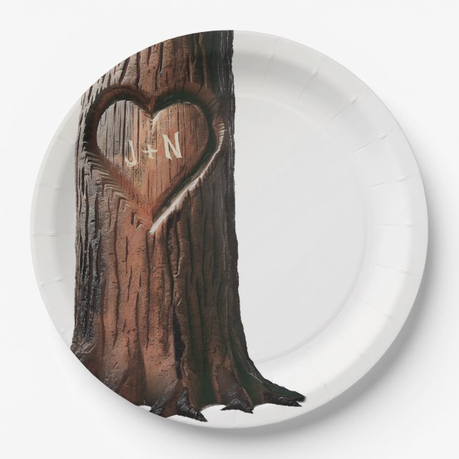 Rustikale Hochzeit mit Carved Heart Tree Pappteller (Vorderseite)