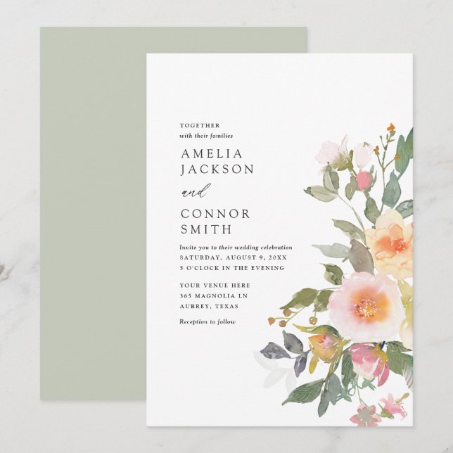 Rustikale Hochzeit mit floralen Wasserfarben Einladung (Vorne/Hinten)