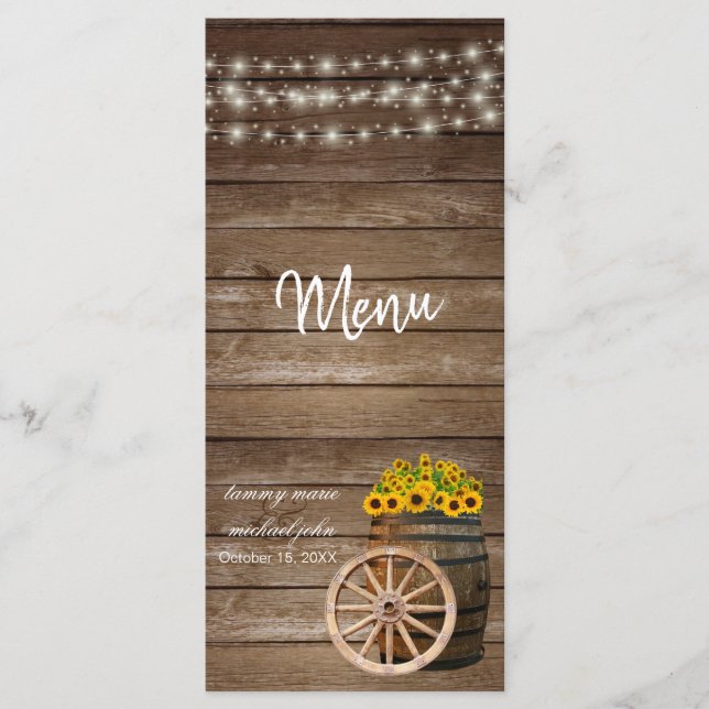 Rustikale Hochzeit mit Holzfass und Sonnenblumen - Menükarte (Vorderseite)