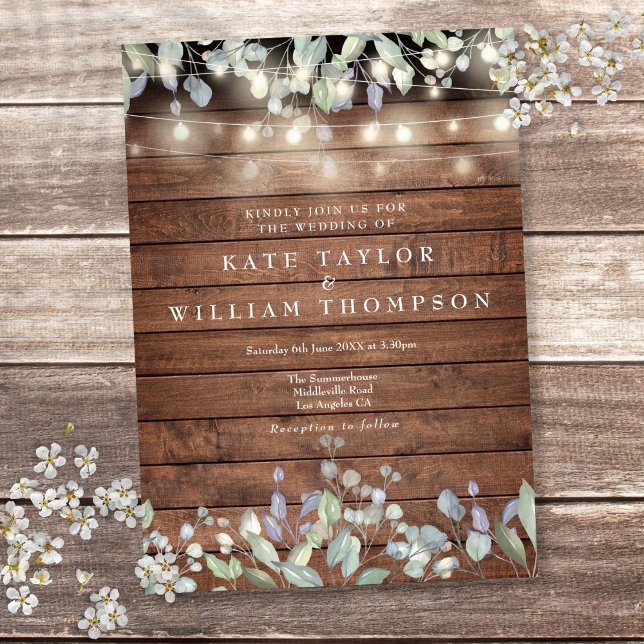 Rustikale Hochzeit mit Holzsaitenblumen Einladung (Rustic Wood String Lights Greenery Floral Wedding Invitation)