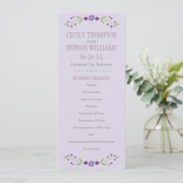Rustikale Hochzeit mit Lila und grüner Blüte Programm (Stehend Vorderseite)