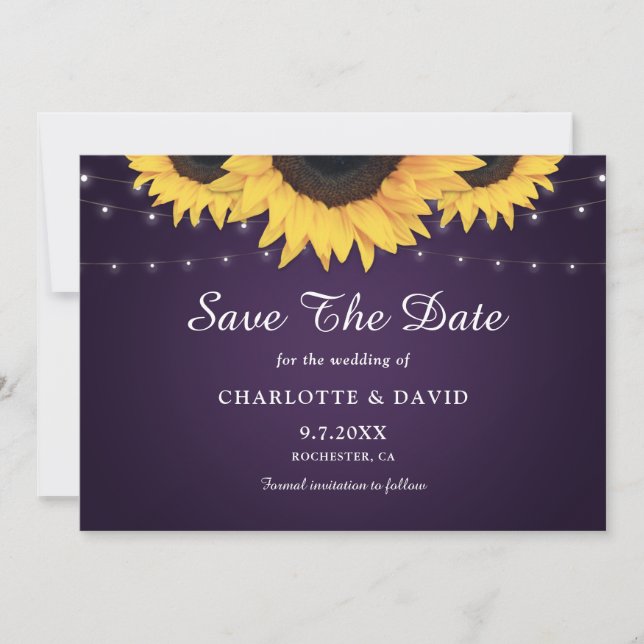 Rustikale Hochzeit mit Lila und Sonnenblumen rette Save The Date (Vorderseite)