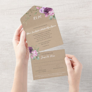 Rustikale Hochzeit mit lila und zarter Blüte All In One Einladung