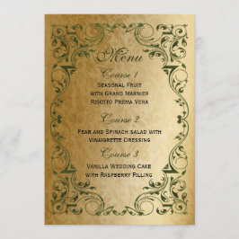Rustikale Hochzeit mit Ornamenten, Grün und Gold Menükarte