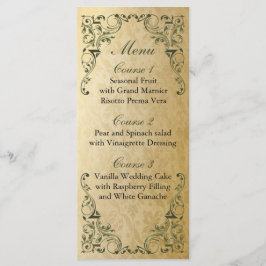 Rustikale Hochzeit mit Ornamenten, Grün und Gold Menükarte
