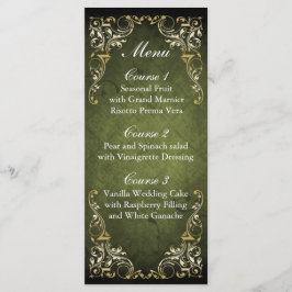 Rustikale Hochzeit mit Ornamenten, Grün und Gold Menükarte