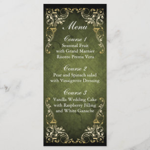 Rustikale Hochzeit mit Ornamenten, Grün und Gold Menükarte