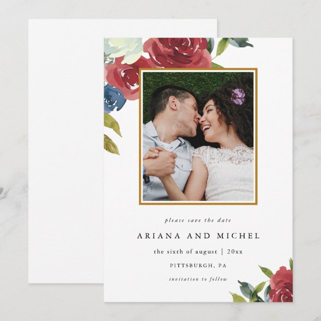 Rustikale Hochzeit mit Rot und Blütenblättern Foto Save The Date (Vorne/Hinten)