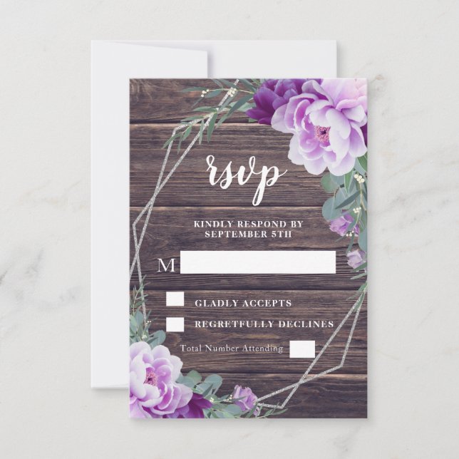 Rustikale Hochzeit mit Silberblumen und Lila Barnw RSVP Karte (Vorderseite)