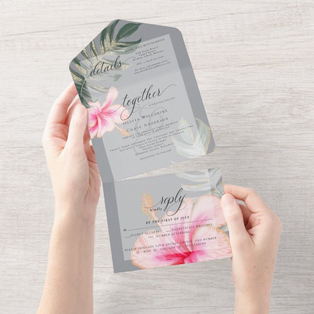 Rustikale Hochzeit mit tropischem Rosa Hibiskus All In One Einladung (Abreißen)