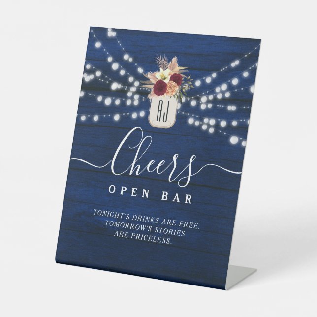 Rustikale Hochzeit Open Bar Sign mit Lights Sockelschild (Vorderseite)