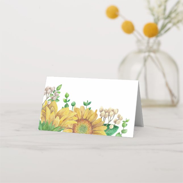 Rustikale Hochzeit. Sonnenblumenkarte. Land Platzkarte (Vorderseite)