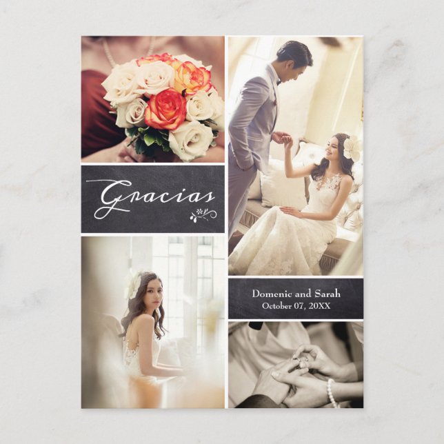 Rustikale Hochzeit Spanische FotoCollage "Gracias" Ankündigungspostkarte (Vorderseite)