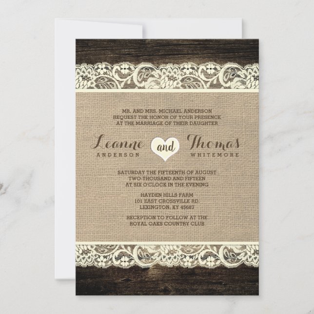 Rustikale Hochzeit| Stall-Holz-Spitzen und Burlap Einladung (Vorderseite)