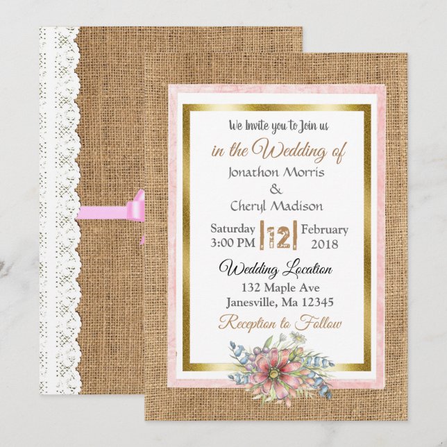 Rustikale Hochzeit und Einladung Burlap (Vorne/Hinten)