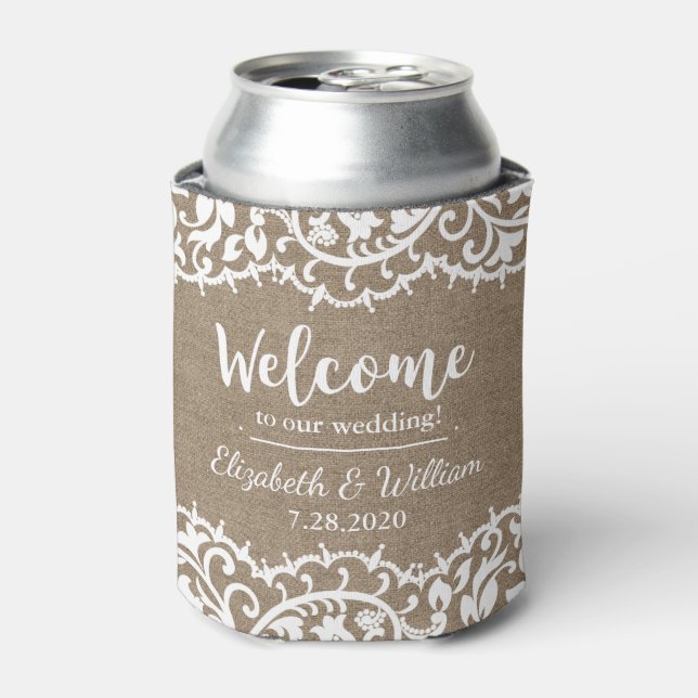 Rustikale Hochzeit Vintag Lace Burlap Personalisie Dosenkühler (Kanne Vorderseite)