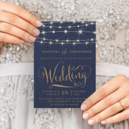 Rustikale Hochzeit von blauem Holz und String Ligh Einladung