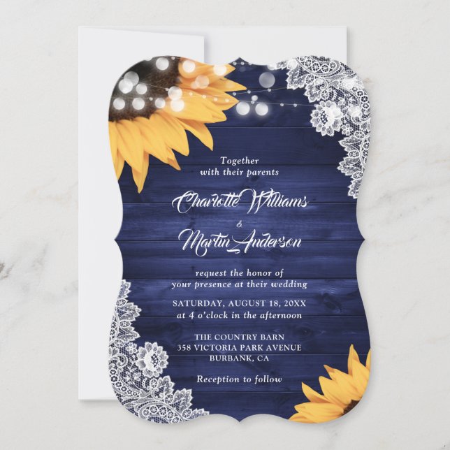 Rustikale Hochzeit von Blauholz-Spitzen-Sonnenblum Einladung (Vorderseite)