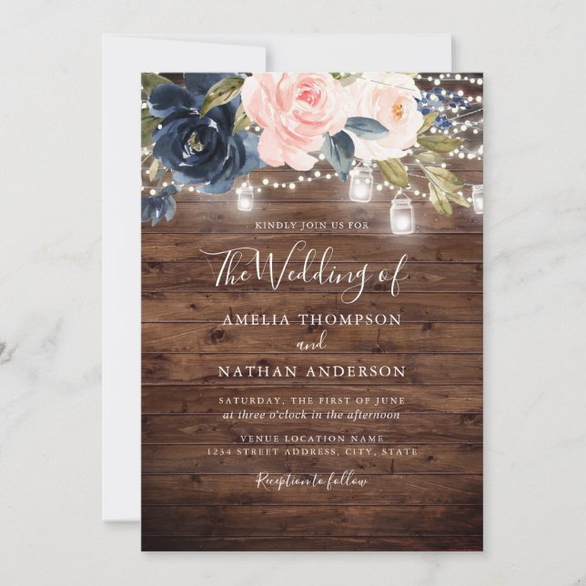 Rustikale Hochzeit von blühenden Navy-Floral-Licht Einladung (Vorderseite)